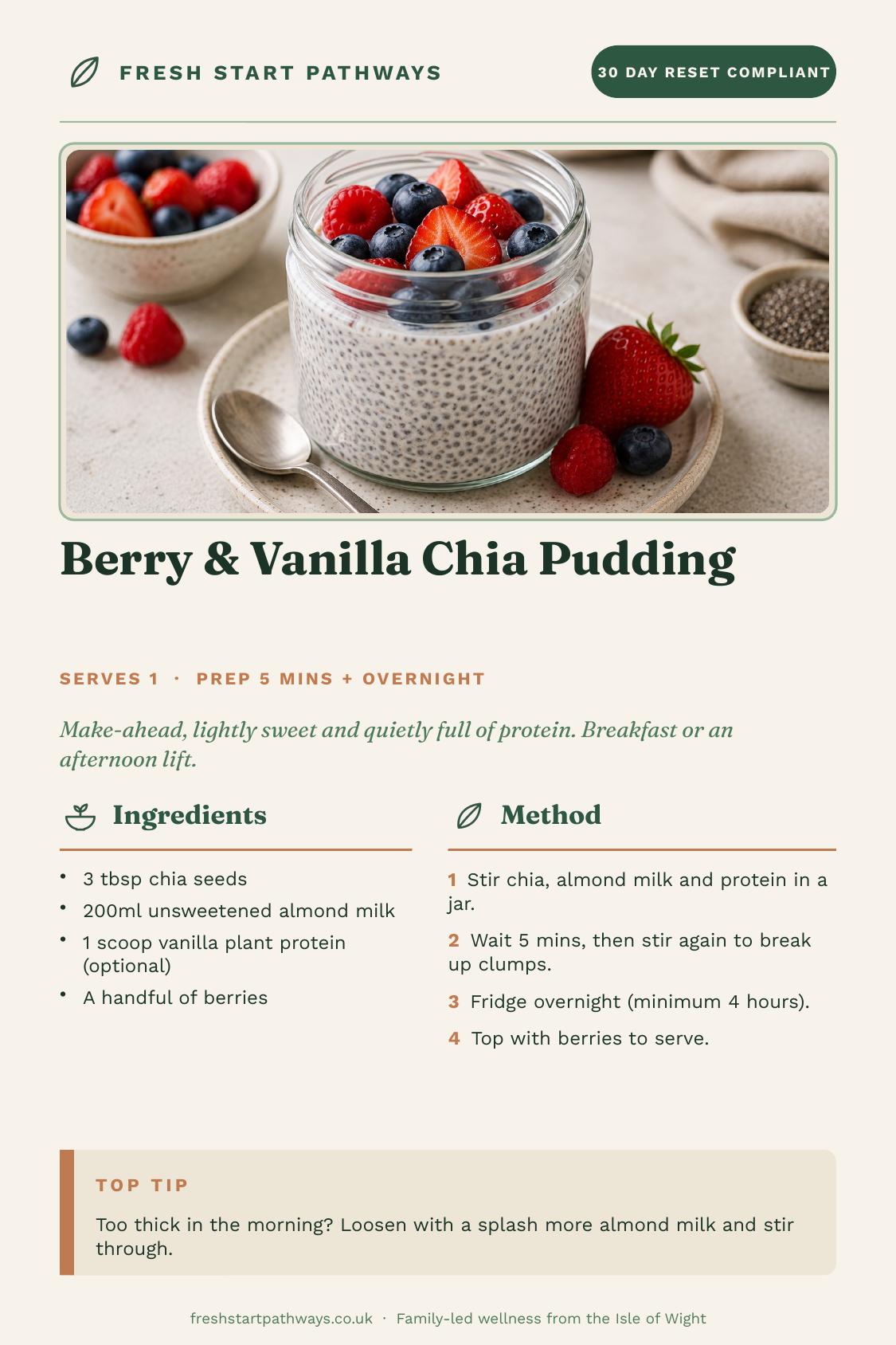Berry & Vanilla Chia Pudding recipe card